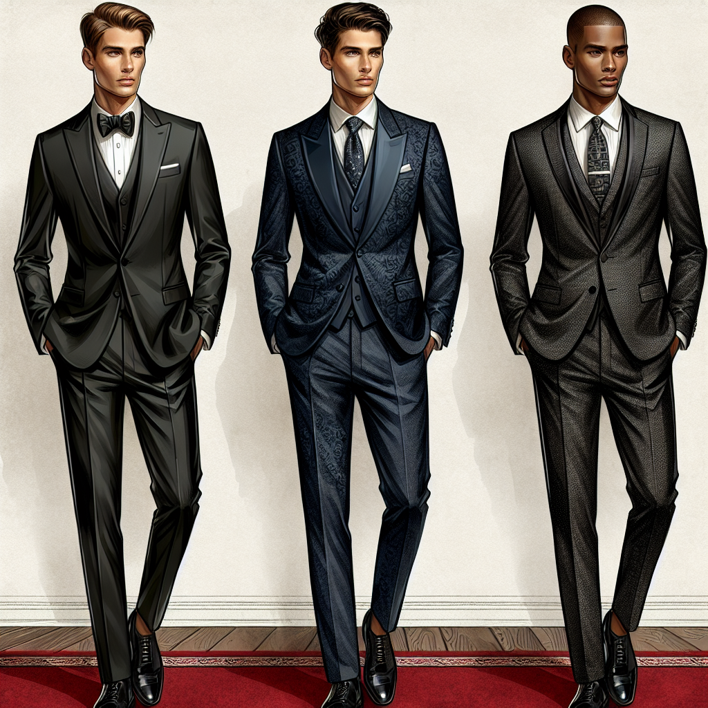 Stunning Gala Attire for Men: Exclusive Finds Craft a detailed image depicting a rich array of stunning gala attire for different men. Show an array of three men each of a unique descent: Caucasian, Hispanic, and Black, showcasing tailored suits exquisitely detailed with subtle embellishments. Implement a background indicating a classy, upscale event, perhaps a red carpet draped beside. Each man should have a distinct style that denotes personality and taste: the first in a classic black tuxedo with a bow tie, the second in a navy blue suit with a patterned tie, and the third in a charcoal grey suit with a fashionable slim tie.
