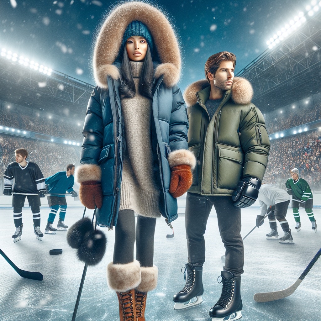 Stunning Winter Outfits for Hockey Games: Must-See Styles Incredible winter clothing suitable for hockey games. On a snowy day, a woman of South Asian descent dons a heavy duty parka in blue, paired with insulated gloves, fur earmuffs, and long brown boots. A few steps away, a Hispanic man sports an olive-green thermal jacket, a matching beanie, and waterproof black boots. In the background, a stadium packed with enthusiastic fans, each dressed in their warmest wear, the air filled with anticipation for the upcoming game. The bright lights of the stadium cast a gleaming allure, while the players on the icy field prepare for game time.