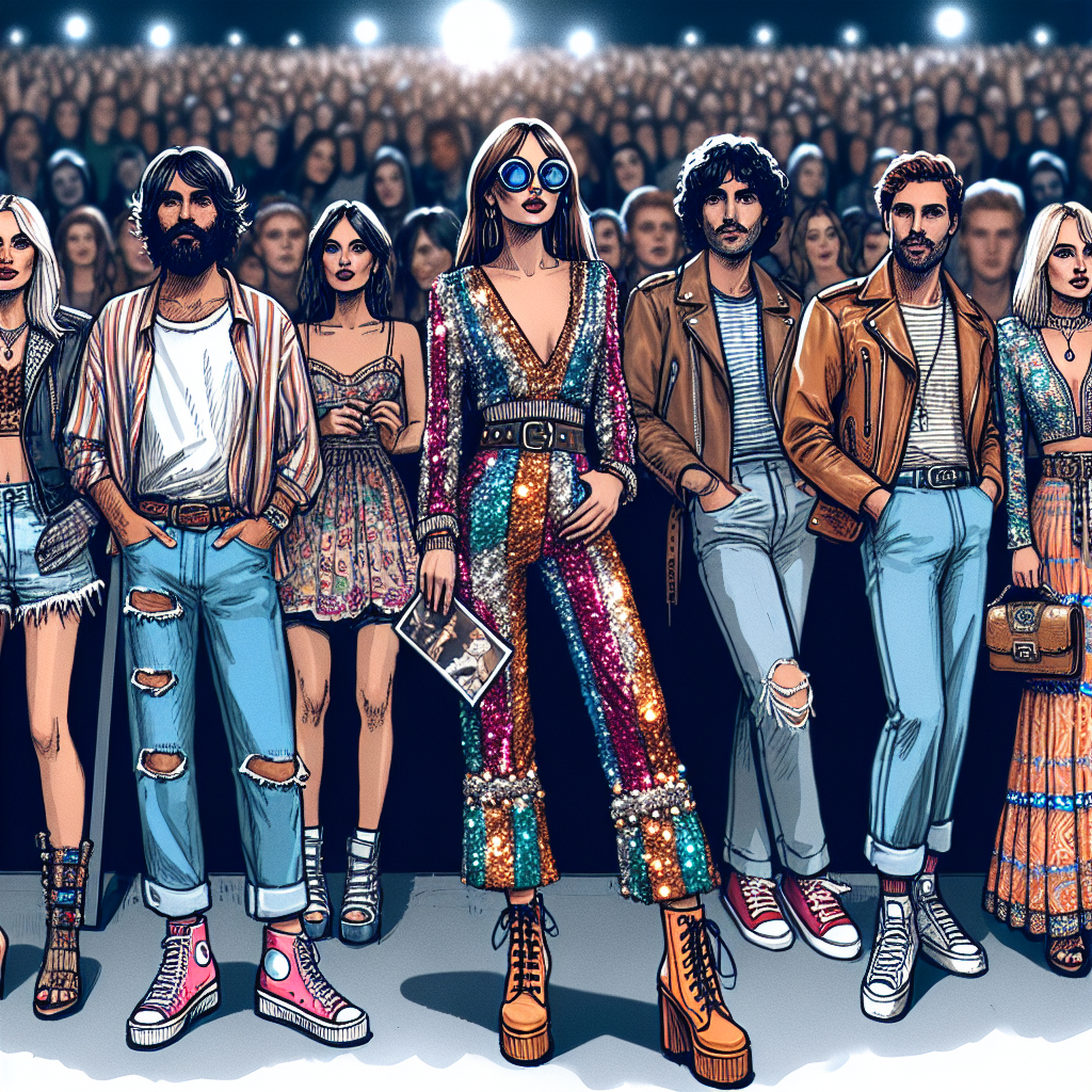 What to Wear to a Halsey Concert: Stunning Looks! Visualize a specific scene at a popular music artist's concert. Picture a large crowd of people, each showcasing their unique and stunning looks. A woman, Hispanic in descent, is wearing a vibrant, sequin embellished jumpsuit, with a pair of neon boots. A Caucasian man in the crowd is donning a lightweight summer shirt, trendy ripped jeans, and a pair of eye-catching high-top sneakers. A Middle-Eastern woman stands out in a stylish leather jacket over a vintage band tee, paired with a maxi skirt and chunky shoes. The scene embodies the energy and unique fashion of a music concert.