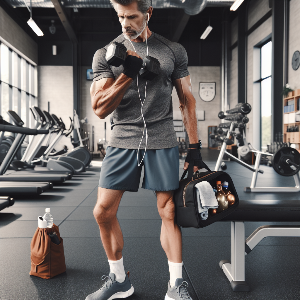 What Should a 50-Year-Old Man Wear to the Gym: Essential Guide Create an image of a 50-year-old Caucasian man at the gym. He's wearing essential workout attire including a sweat-wicking T-shirt, flexible athletic shorts, comfortable training shoes, and carrying a small gym bag containing items like a water bottle, sweat towel, and headphones. He's performing a bicep curl with a dumbbell and displaying a fit, active lifestyle. In the background, a variety of gym equipment such as treadmills, stationary bikes, and weight machines can be seen.