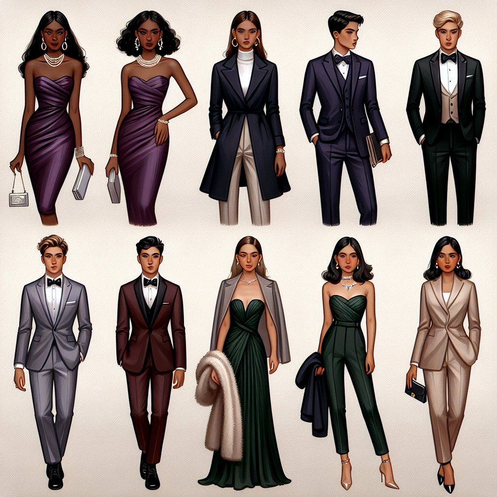 Stunning Outfits for White Coat Ceremonies: Dress to Impress Design a fashion collage displaying a variety of stunning outfits appropriate for a white coat ceremony. The collage should include items suitable for different genders and descents. Show a Black woman dressed in an elegant purple sheath dress paired with pearl earrings and a silver clutch. Next, depict a Caucasian man in a sophisticated navy blue suit with a red tie and black leather shoes. Showcase a Hispanic woman in a classy emerald green jumpsuit complemented with gold hoop earrings and nude heels. Lastly, portray a South Asian man in a sleek grey tuxedo with a black bow tie and patent shoes.
