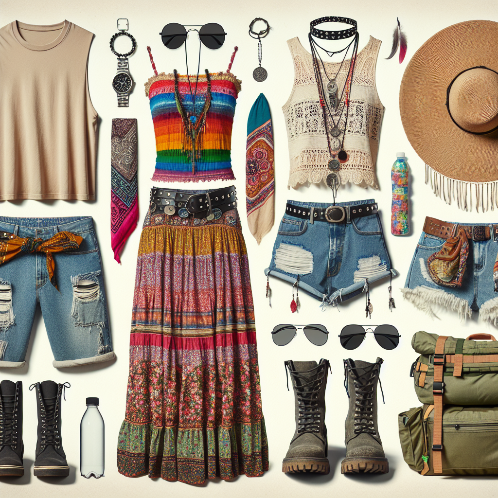Must-Have Outfits for Every Music Festival Goer A collage made of three different music festival outfits. The first outfit is for a Caucasian male and consists of a sleeveless tee, worn-in denim shorts, and wayfarer sunglasses. The second outfit, assembled for a Middle-Eastern woman, includes a colorful, bohemian maxi dress, layered necklaces, and a wide-brimmed straw hat. The third outfit, designed for a Hispanic non-binary individual, showcases a tie-dye T-shirt, cargo pants, bandana, and a pair of combat boots. Each outfit is pictured with suitable accessories such as a reusable water bottle, camping gear, and sunscreen.