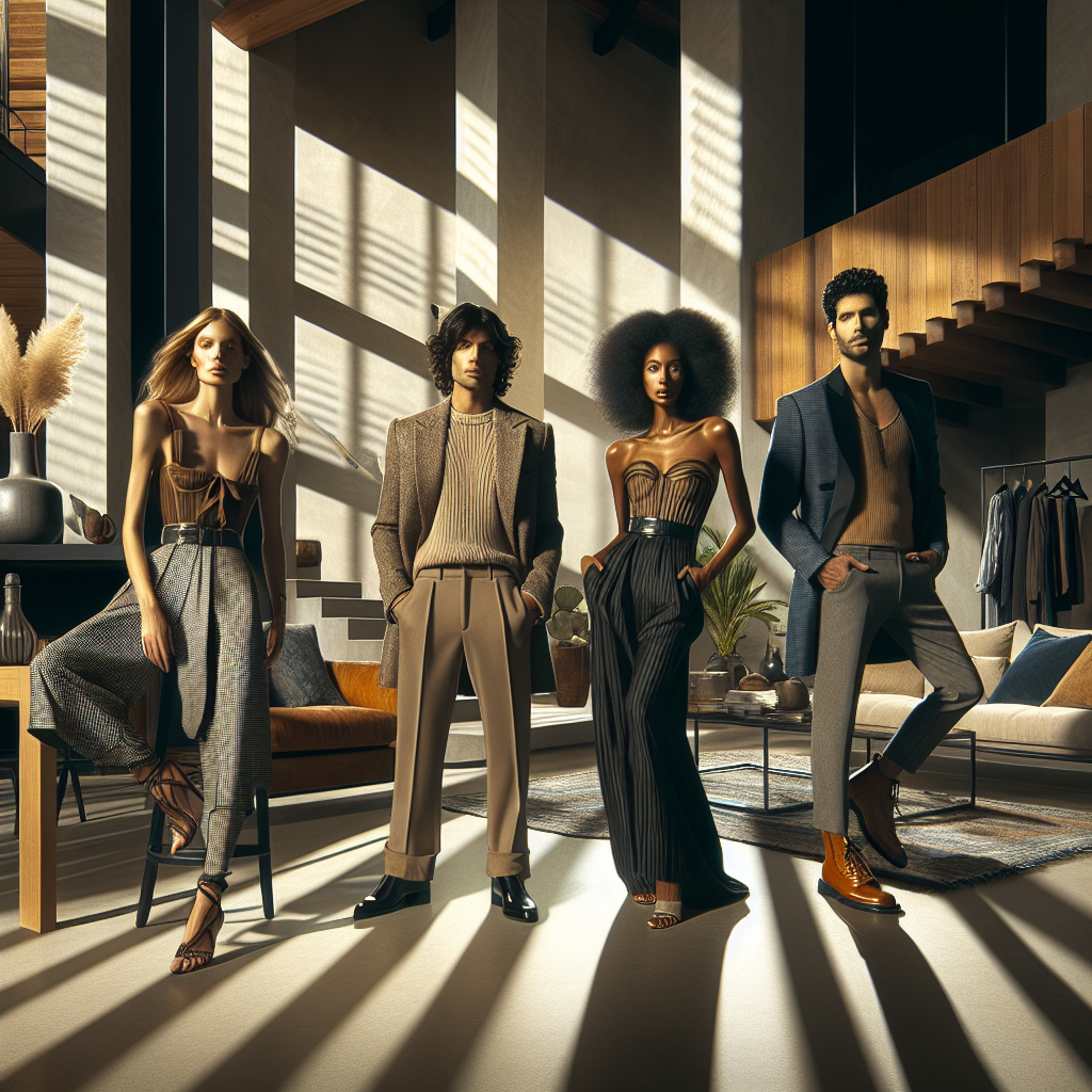 Stunning Outfits for House Tours: Effortless Style Imagine a fashion editorial titled 'Stunning Outfits for House Tours: Effortless Style'. The scene features four individuals of varying descents: namely, a Caucasian woman, a Hispanic man, a Black woman, and a Middle-Eastern man. Each person is dressed in chic, comfortable, and stylish fashion suitable for house tours - think understated elegance, comfortable footwear, and practical accessories. The backdrop is an architecturally interesting home with modern furnishings, exuding warmth and homely elegance. Bright natural light floods the space, casting long, dramatic shadows that accentuate the textures and colors of the outfits and the inviting decor.