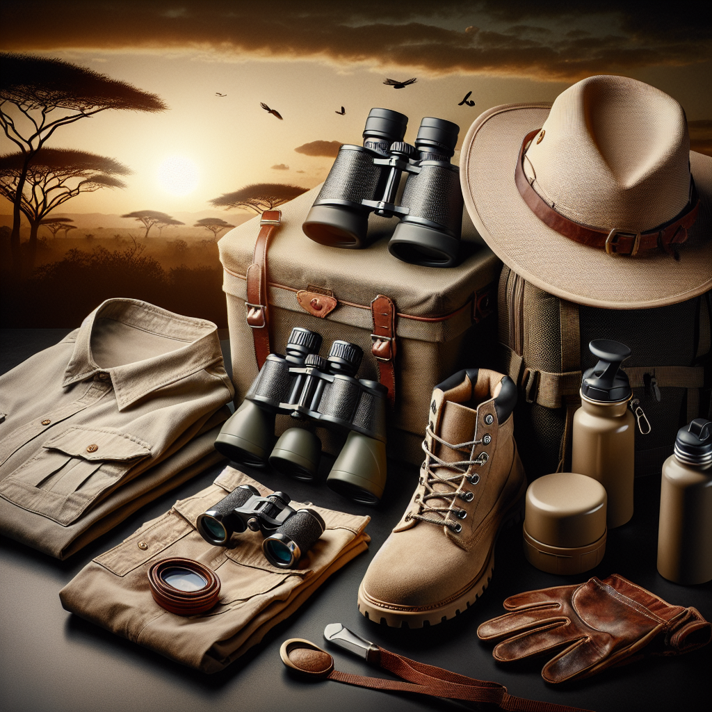 Visual representation of a collection of stunning safari gear, ready for an adventurous expedition. There should be various types of equipment including a wide-brimmed hat with a strap, a reliable pair of binoculars, khaki cargo trousers, hiking boots, and a water bottle. To represent clothing, show a versatile and well-ventilated shirt in a light-hue. Add a touch of elegance with leather gloves and a canvas shoulder bag. In the backdrop, suggest an African landscape to hint at the adventure awaiting these items. This thrilling ambiance should evoke a sense of anticipation and adventure.