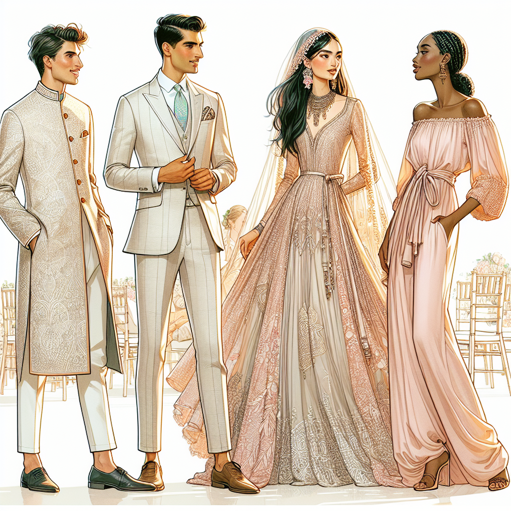 Illustrate a vibrant fashion scene, featuring four people attending a wedding ceremony. Their outfits should embody the essence of effortless elegance. The first person, a South Asian male is dressed in a traditional sherwani styled with modern touches. Next to him, a Middle-Eastern female is elegantly dressed in a full-length, flowing gown with intricate lace details. The third individual, a Caucasian male, is wearing a light linen suit complemented with a pastel-colored tie. Finally, a Black female is decked out in a stunning off-shoulder jumpsuit. They're all engaged in light-hearted conversation, the mood is joyful and the ambiance serene.