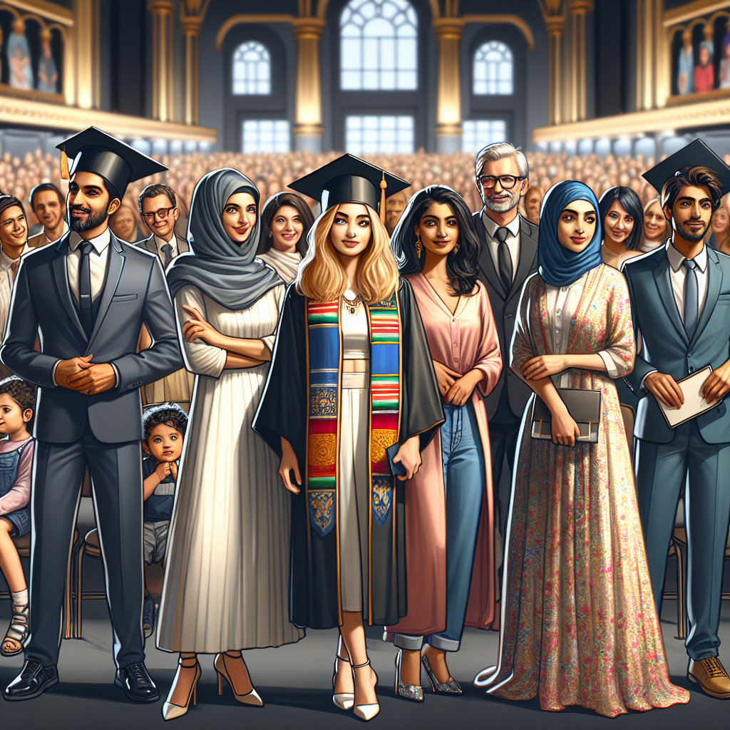 What to Wear to Graduation: Effortless, Stunning Picks Visualize a graduation scene attended by a diverse group of people dressed elegantly yet comfortably. Showcase a South Asian female and a Hispanic male in cap and gowns standing out because of their distinctive style. Next to them, envision a Middle Eastern woman and a White man elegantly attired for their roles as faculty members. Also include families of all descents and genders looking admiringly and celebrating together. In this scene, everyone is wearing clothing that makes them feel effortlessly stunning. Set this scene in a spacious auditorium that is beautifully decorated for the graduation ceremony.