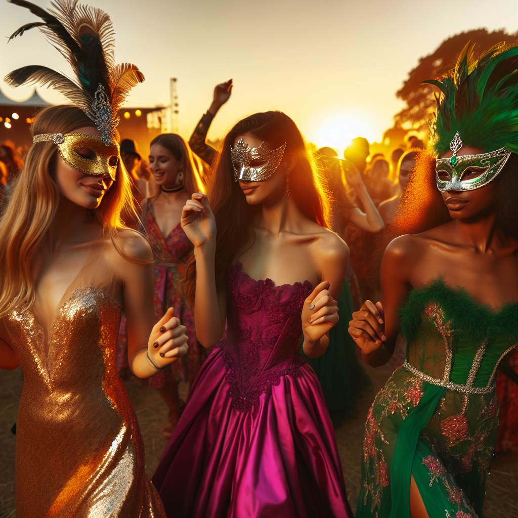Stunning Masquerade Dresses for Summer Concerts Visualize an outdoor summer concert during sunset. People are dancing and enjoying the music; they hail from diverse descents such as Hispanic, Caucasian, Black, and South Asian. Primarily focus on three women - a Caucasian woman with a golden masquerade dress that twinkles in the setting sun, a South Asian woman in a vibrant magenta masquerade gown with an intricate silver mask, and a Black woman in an emerald green dress with a matching feathered mask. The setting sun casts a warm glow over the scene as their dresses flutter beautifully in the summer breeze.