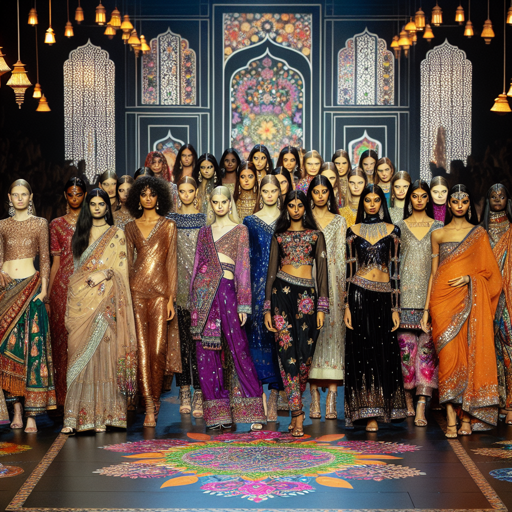 Visualize a diverse fashion show, where models of different descents like Caucasian, Hispanic, Black, Middle-Eastern, and South Asian present an array of stunning outfits inspired by the Indian festival of Diwali. The clothes are vibrant, adorned with sequins, beads, and embroidery, and the styles range from traditional sarees to Indo-Western fusion attire. The models also show off matching accessories such as jewelled headpieces, purses, and footwear. On the backdrop, the stage is decorated with Diwali-themed elements like diyas (oil lamps), rangoli (artistic designs on the floor), and marigold flowers.