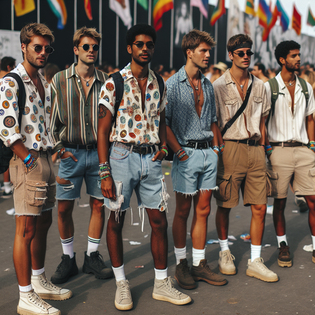 Picture this: An outdoor music festival with colourful flags fluttering in the wind. Capture multiple men in their 30s embodying a variety of descent such as Black, Caucasian, Hispanic and Asian. Each one is stylishly dressed, showcasing their unique fashion choices. One could be wearing a retro printed button-down shirt, ripped denim shorts paired with white sneakers. Another could be seen in a solid plain tee, casual khaki shorts, and comfortable sandals. Yet another could be dressed in a loose bohemian top, cotton trousers accompanied by espadrilles. Each of them accessorize their outfits with necessary items like backpacks, sunglasses, hats and wristbands.