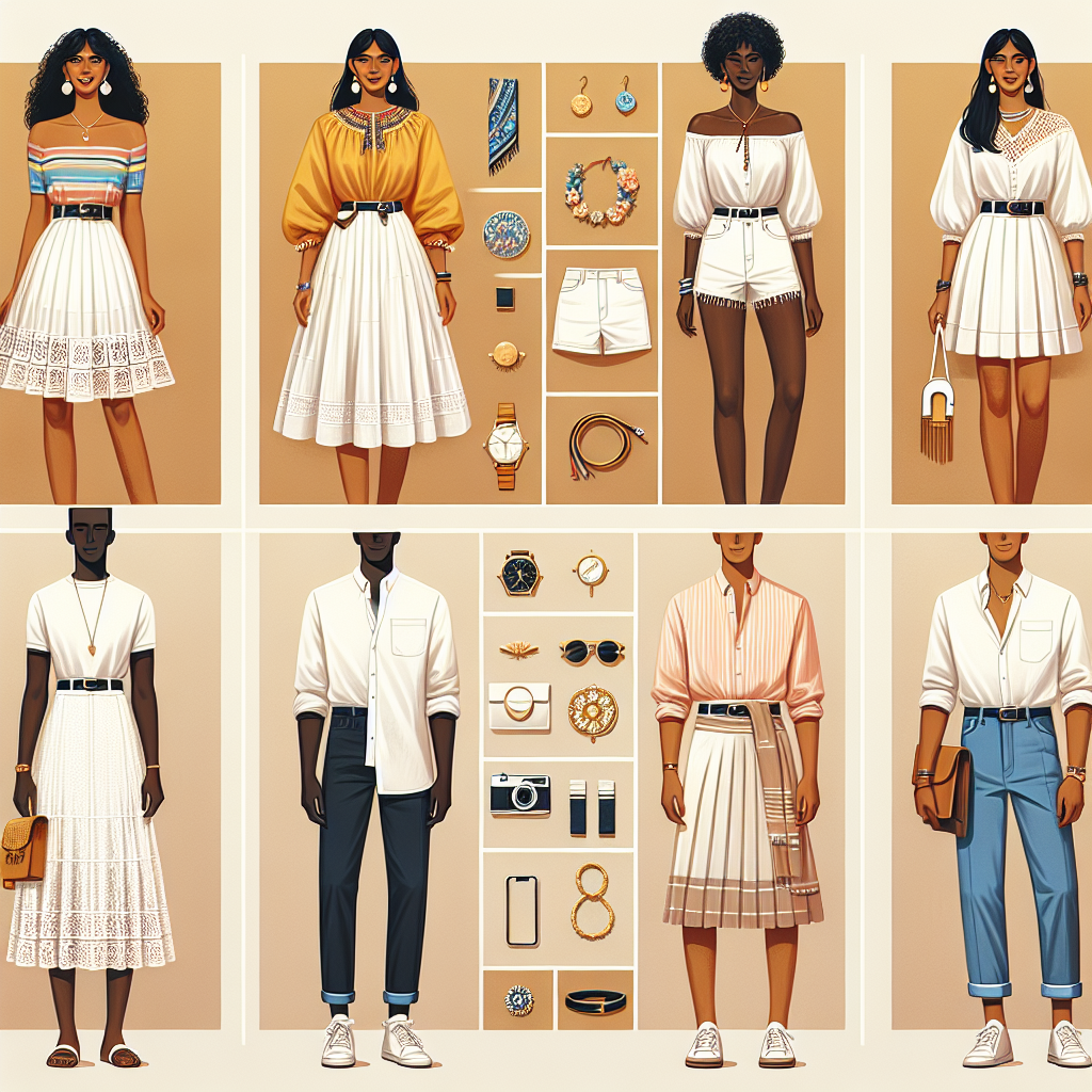 Stunning Outfits Under White Skirts: Must-Have Guide! Create a visual guide showcasing various stunning outfits best paired with white skirts. Exhibit a diverse ensemble featuring a Hispanic woman wearing a white skirt with a colorful blouse tucked in, a Middle-Eastern man in a white skirt paired with a trendy shirt, a Black woman rocking a white skirt with a classic black top, and a Caucasian man in a stylish white skirt matched with a pastel button-down shirt. Provide an array of accessories complementing each look such as belts, scarves, jewelry, and footwear.