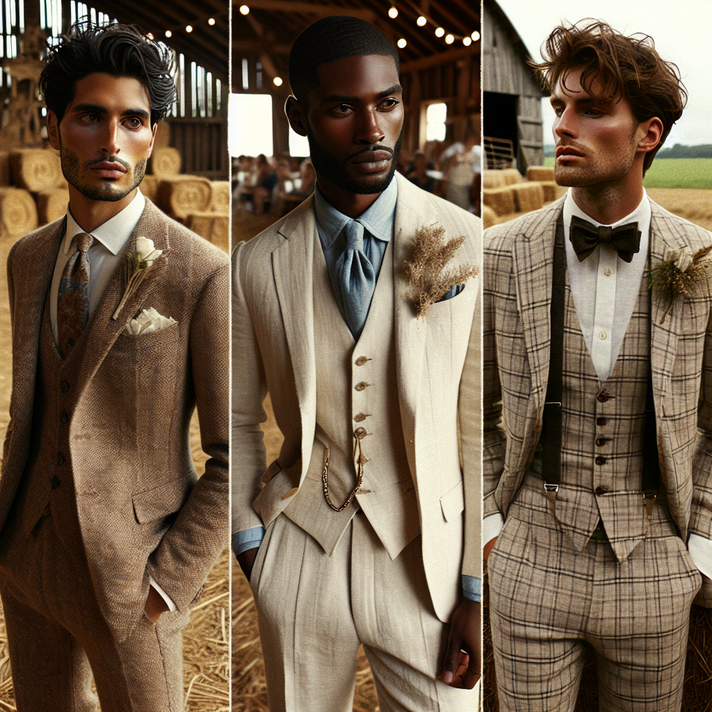Must-Have Styles for Men at Barn Weddings Render a variety of stylish men's attire suited for a rustic barn wedding. Imagine three men each showcasing a different style. The first man is Hispanic and wears a tweed suit, showing a touch of vintage spirit. Next is a Black man in a beige linen suit, epitomizing casual elegance. Lastly, a South Asian man is in a checked suit, exemplifying the mix and match style. Each outfit should consist of carefully chosen accessories such as brooches, boutonnieres, or suspenders as well. The backdrop is a scenic barn with hay bales and string lights.