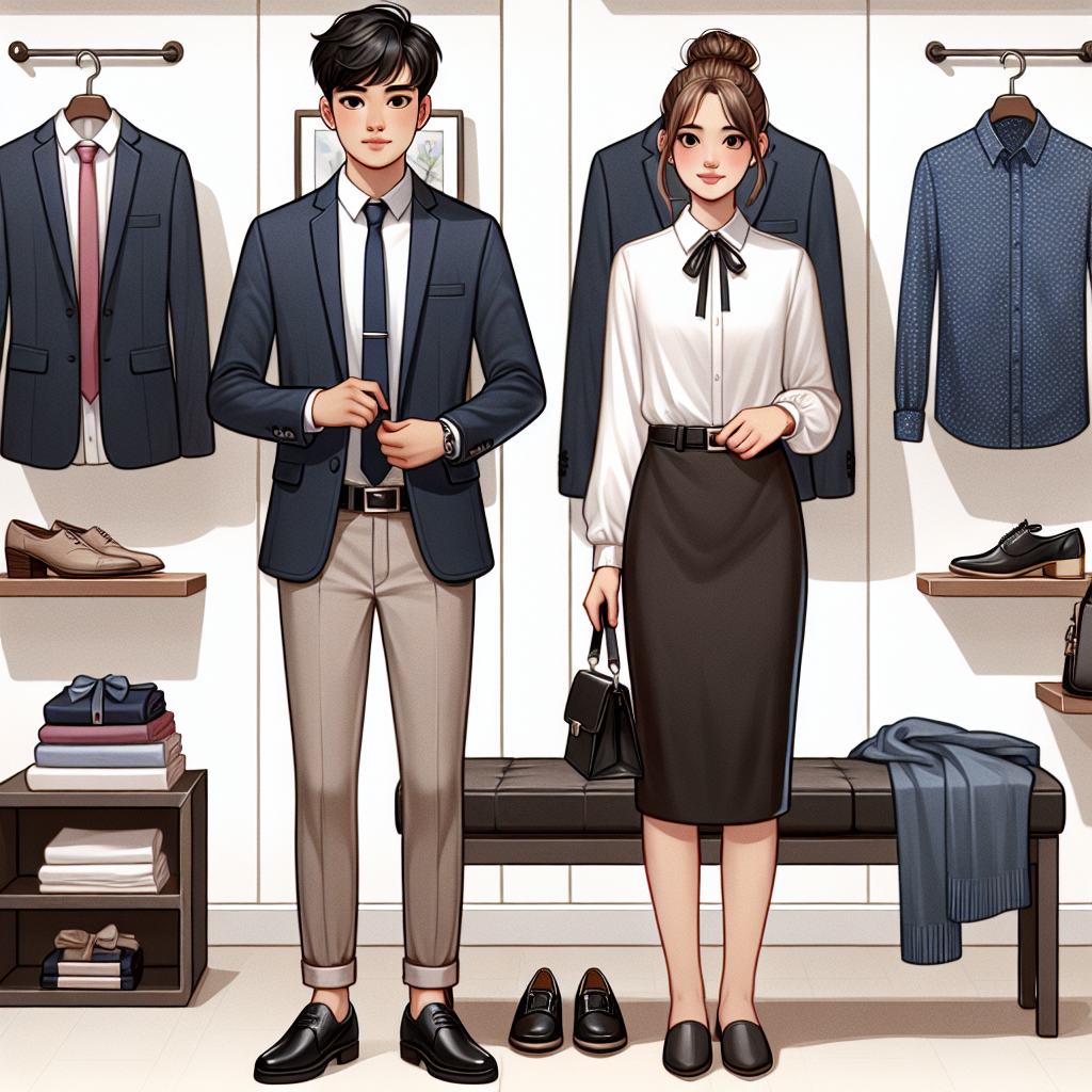 Ace Your Interview: Stunning Outfit Tips for Teens A scene inside a clothing store with teenagers trying on professional yet fashionable attires suitable for job interviews. On the left, an Asian male teen fitting a navy blue blazer over a crisp white shirt with matching trousers. On the right, there's a Hispanic female tucking a fashionable blouse into a pencil skirt. Accessories such as ties, belts, and small handbags are also visible. Displays of shoes suitable for interviews such as loafers for men and kitten heels for women are at the back. Both teens appear confident and comfortable in their chosen outfits.