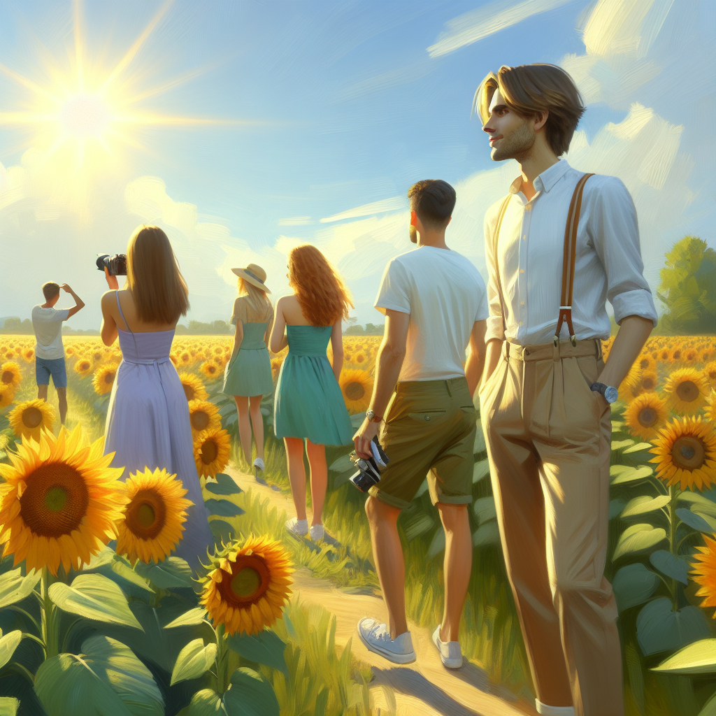 Paint a serene sunflower field during a bright summer afternoon, filled with towering sunflower plants and vibrant yellow petals. There's a group of people present, exploring the field and capturing memories. A Caucasian woman is wearing a light lavender dress, a Middle-Eastern man on her side is wearing khaki chinos coupled with a white shirt, and a Black woman in the distance is wearing a turquoise summer dress. They all create a beautiful contrast with the vivid yellow sunflowers around them.
