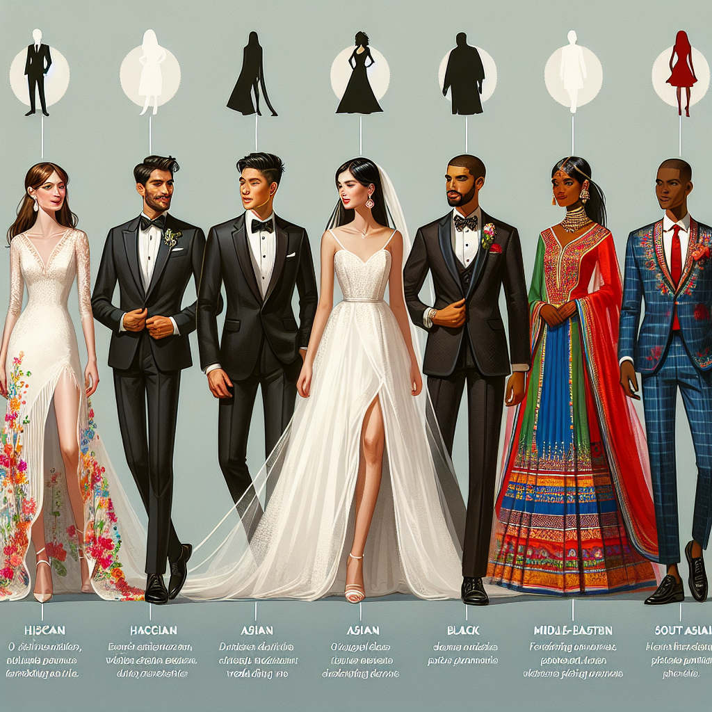 Visualize an informative guide which unveils essential wedding outfit styles. Picture a collage of six individuals, each depicting a unique wedding attire. A Caucasian woman in a modern white bridal gown with a flowing veil, an Asian man in a black, classic tuxedo with a bow tie, a Hispanic woman in a colorful, traditional wedding dress, a Middle-Eastern man in a sleek suit with a red tie, a Black woman in a chic bridal suit, and a South Asian man in a vibrant sherwani. Accentuate the image with text annotations describing the attire characteristics and style notes.