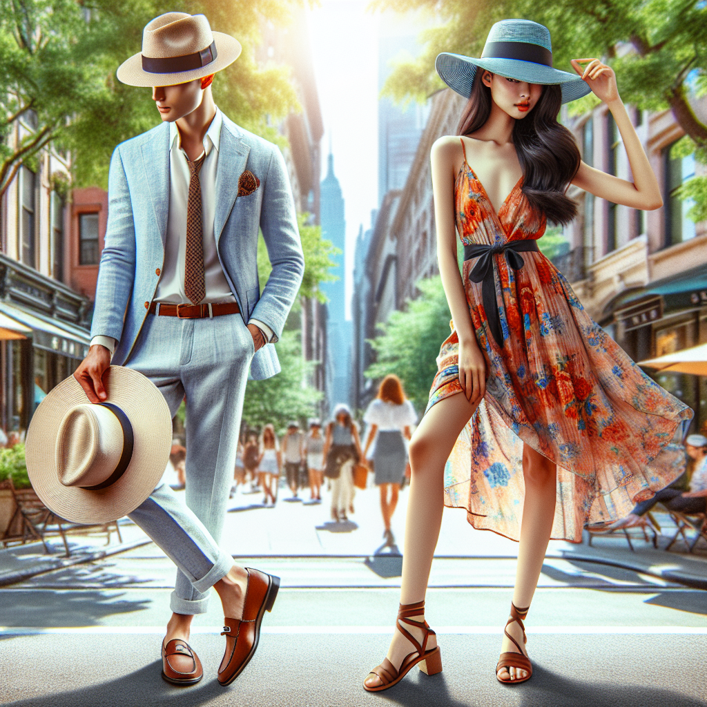 Stunning Summer Style: What to Wear with a Fedora Hat Let's imagine an alluring summer scene with two fashion-forward individuals demonstrating how to style a Fedora hat. The first individual, a Middle-Eastern male, is wearing a light-blue linen suit, a crisp white shirt underneath, brown leather loafers, and a straw Fedora hat with a black ribbon. The second individual, an Asian female, pairs her Fedora with a vibrant, floral summer dress reaching just above her knees, and strappy, flat sandals. The background is a sunlit, bustling city street lined with lush green trees, enhancing the summer vibe.