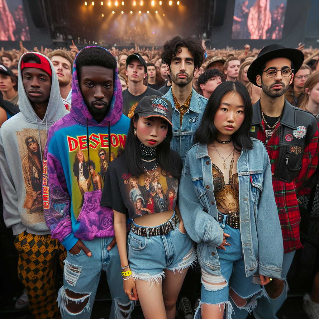 Must-Have Outfits for a Kendrick Concert: Stylish & Effortless View of a crowd of concertgoers, focusing on five individuals. The first person, a Black male, has a pullover hoodie with bold graphic designs. Beside him is a South Asian woman wearing a denim jacket layered over a band t-shirt. Next is a Hispanic man in a colorful baseball cap and vintage athletic wear. The fourth person, a Caucasian woman, sports a trendy oversized flannel shirt and high-waisted shorts. Lastly, a Middle-Eastern man, sporting a black leather jacket with ripped jeans. There are small glimpses of the stage with a colorful light show in the background.