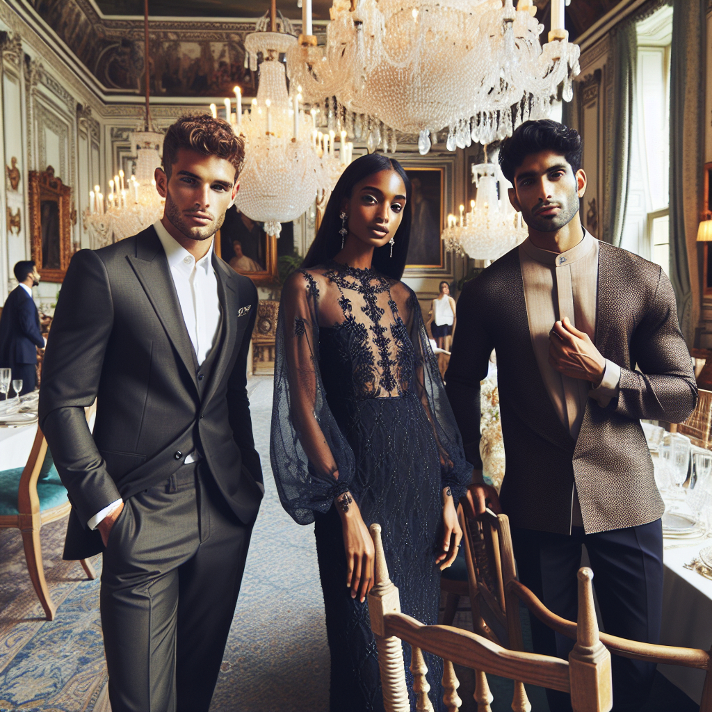 Stunning Rehearsal Dinner Outfits: Effortlessly Chic Depict a group of three friends, each with different descents - one being Middle-Eastern male, another a Black female, and the third a South Asian male. They are inside a regal dining hall adorned with crystal chandeliers and antique furniture. They exhibit effortlessly chic attire perfect for a stunning rehearsal dinner. The Middle-Eastern man wears a perfectly tailored suit, the Black woman sports an elegant evening gown, and the South Asian man adorns a stylish kurta and trousers. There's a buzz of conversation, and everyone appears comfortable and at ease.