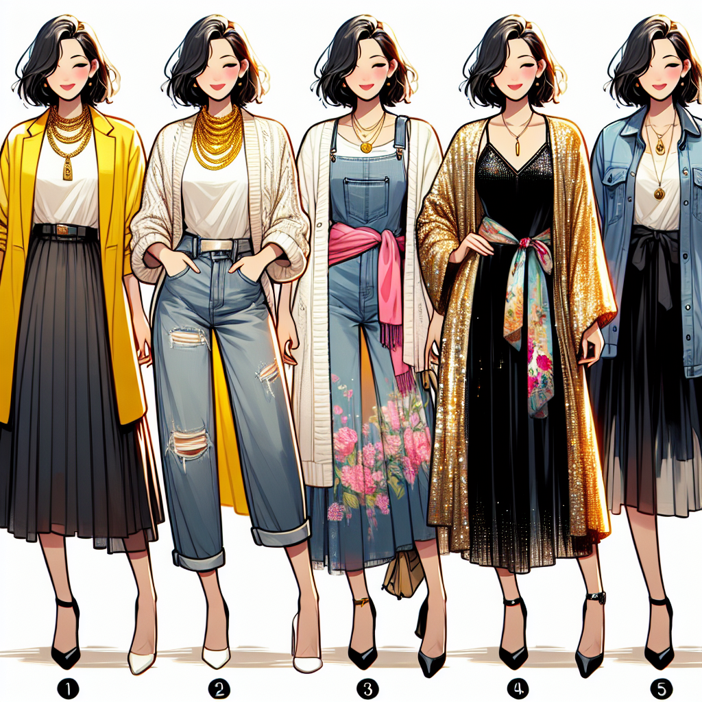 Exclusive Guide: Best Outfits Over a Black Dress A fashion-themed composition featuring five different outfits layered over a classic black dress. The first outfit should be a bright yellow blazer paired with a chunky gold necklace, suitable for a professional South Asian woman. The second one should illustrate a comfy white cardigan combined with a silver locket worn by a middle-aged Caucasian woman. The third outfit could display a denim jacket and a colorful scarf sported by a young Hispanic woman, perfect for a casual outing. The fourth outfit might show a sparkling sequin bolero worn by a Black woman, suitable for a formal event. Finally, the fifth outfit should exhibit a lightweight silk kimono with a waist tie-off draped on an East Asian woman, radiating a relaxed, homey vibe. Additionally, give each woman a unique hairstyle and assume the dress is knee-length with a round neckline.