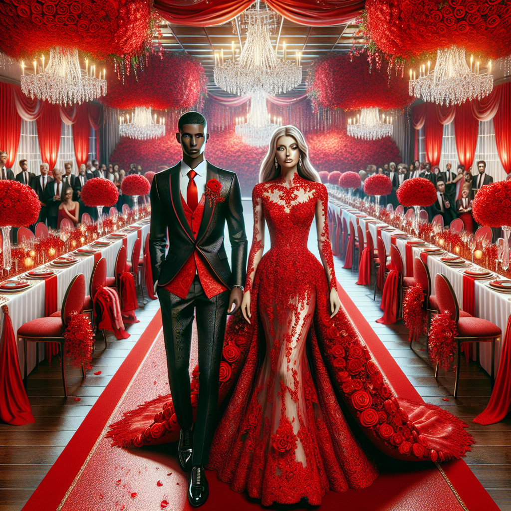 Stunning Red Wedding Styles: Radiant & Trendsetting Imagine a resplendent wedding scene, where the theme colour is vibrant red. Visualize a stunning bride, of white descent wearing an intricate dress of red lace. A groom, of Black descent, wearing a sleek suit, adorned with a radiant red tie, emanates trendsetting style. The banquet hall is beautifully adorned with red roses on the tables, drapery and chandelier. The guests wearing fashionable attire in varying hues of red, creating a sea of crimson elegance. A red carpet provides a path for the newlyweds, signifying their journey in love and style.