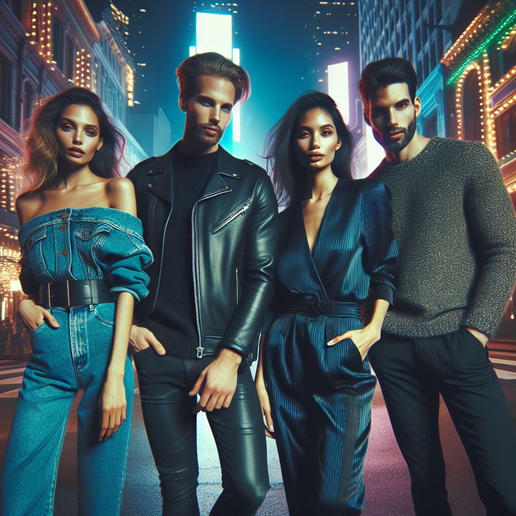 Stunning Outfits for a Casual Night Out with Friends Visualize a lively casual night out scenario downtown with friends. The image features a group of four individuals, each having a unique descent and fashion style: A woman with Middle-Eastern descent wearing a trendy denim jacket and high-waist pants; A Caucasian man in a cool leather jacket and dark jeans; A South Asian woman sporting a chic jumpsuit; And a Black man wearing a stylish sweater and tailored trousers. The backdrop captures the night ambience with colorful lights and captivating energy.