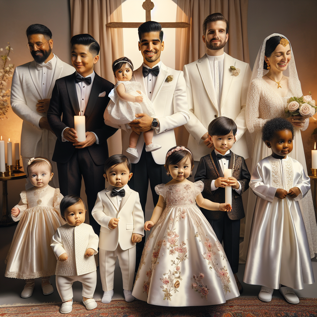 Stunning Baptism Outfits: Find Your Perfect Match! A diverse collection of baptism outfits. See an Asian toddler wearing an elegant white tuxedo, standing next to a Black infant in a delicate floral dress. Nearby is a Middle-Eastern baby draped in beautifully embellished white satin gown. You also spot a South-Asian toddler clad in a traditional white kurta. Their parents, a mix of men and women from different descents, stand proudly behind them, holding baptism candles. In the backdrop, there's a soft-lit, tastefully decorated setting adding a timeless charm to the ensemble. Witness this beautiful spectacle and find your perfect match!