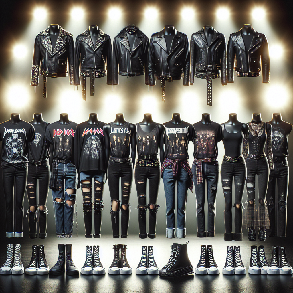 Stunning Outfits for Metallica Concerts: Effortlessly Cool Create a motivational image displaying an array of effortlessly cool and stunning outfits suitable for a heavy metal concert. The outfits should include a combination of black leather jackets, distressed jeans, band-themed t-shirts, studded accessories, and high-top sneakers. The outfits should reflect unique styles suitable for a variety of individuals, showcasing diversity in gender (men, women, and non-binary) and descent (Caucasian, Hispanic, Black, Middle-Eastern, South Asian). Also, include diverse body types, creating inclusivity. All under glowing stage lights, creating an aura of anticipation for the high-energy concert ambiance.