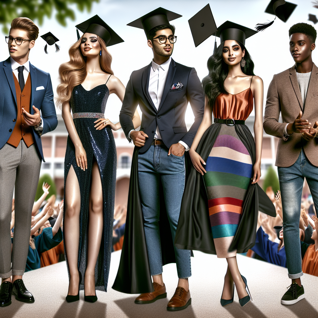 Stunning Outfits for College Graduation Guests Create an image of diverse college graduation guests wearing stunning outfits. Show a South Asian man in a fashionable three-piece suit, a Middle-Eastern woman in a stylish cocktail dress, a Black woman in a bold jumpsuit, a Hispanic man dressed in a modern, tailored blazer, and a White woman in a chic, casual attire. Enhance the image with touches showing the excitement of the graduation event - vibrant colors, cheerful applause, and mortarboards flying in the air.