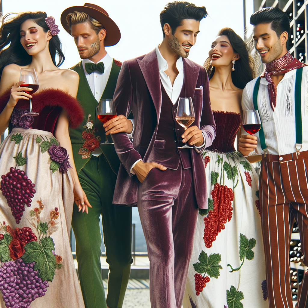 Visualize a setting of a festive wine festival. Imagine a mixture of individuals showcasing different stunning outfits inspired by the theme of wine. A Caucasian woman in an elegant burgundy gown with floral accents, holding a glass of sparkling ros&eacute;. A Hispanic man dressed in a stylish suit ensemble in shades of earthy vineyard greens, carrying a bottle of exquisite red wine. Two friends, one Black woman, one South Asian man, the woman dressed in a chic purple velvet jumpsuit, the man in a white linen shirt paired with grape-colored chinos while sharing a moment of laughter. Their outfits embody the joy and convivial atmosphere of the wine festival.