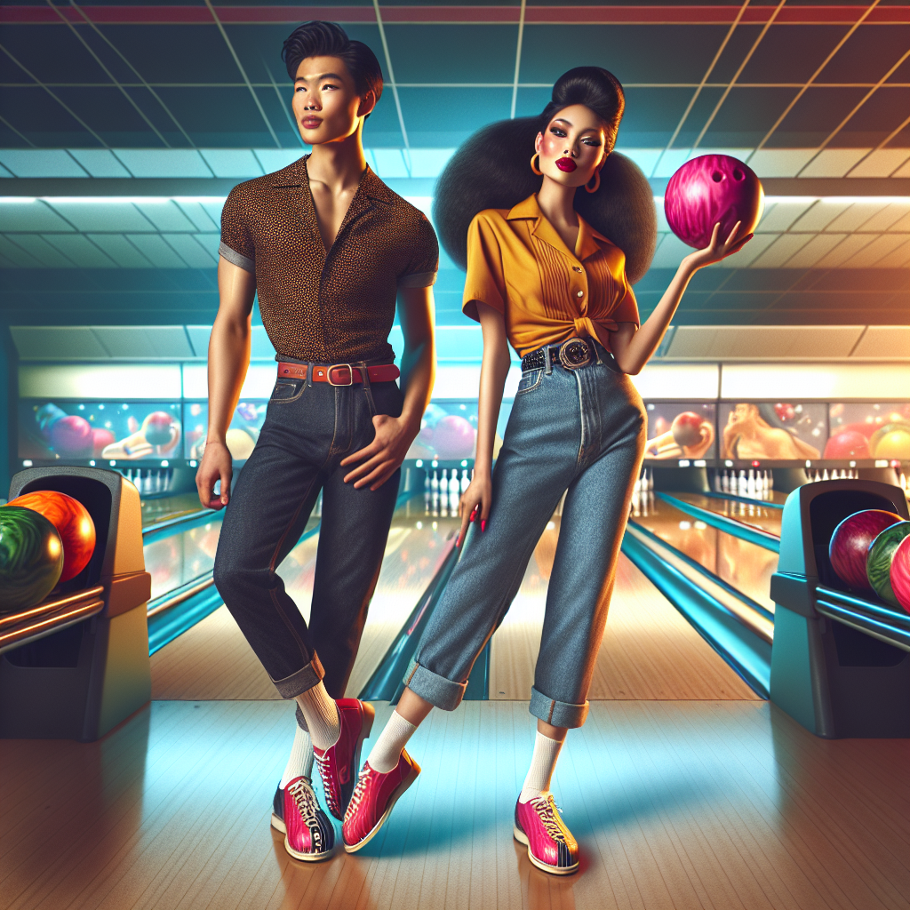 Imagine a lively bowling alley bursting with energy. In this scene, there are two fashionable individuals ready for a bowling date. The first person, an athletic Asian man, is exuding style with his bright red bowling shoes, paired with dark wash jeans and a trendy graphic tee. The second person, a glamorous Black woman, sports a retro-inspired look. Her outfit consists of a bright yellow bowling shirt, vintage high-waisted jeans, and pink bowling shoes. They're both holding colorful bowling balls, their faces flushed with excitement, making them the center of attention on this fun date!