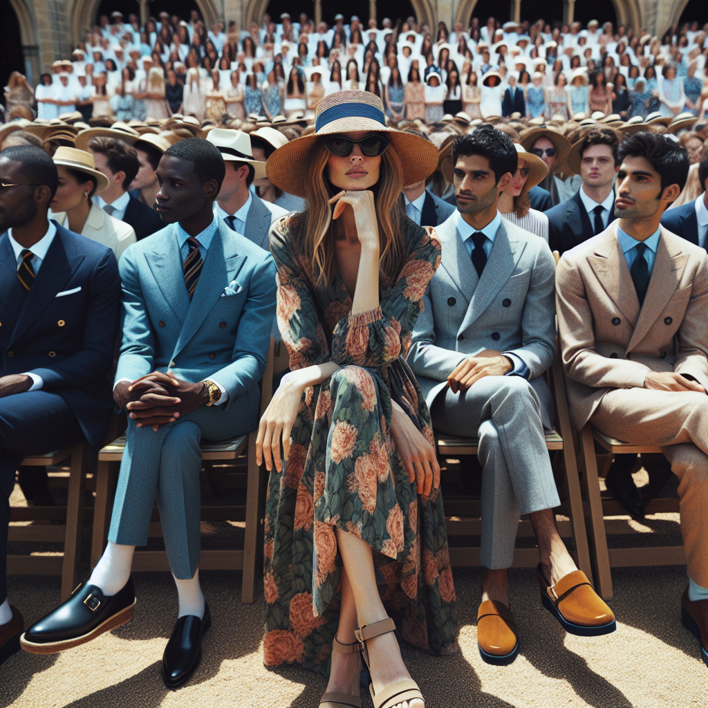 Must-Have Outfits for a Stylish Graduation Ceremony Guest Picture an outdoor setting during the day where a graduation ceremony is happening. A crowd of people around the stage area are seated, all attending as guests. A woman of Caucasian descent wearing a sophisticated floral print dress, a straw hat, and wedge sandals is in focus. In the same view, an African American man dressed in a sharp double-breasted blazer over a pastel shirt with chinos and loafers, a Hispanic woman in a draped maxi dress with a statement necklace, while a Middle Eastern man sports a summer suit with loafers. All outfits exemplify stylish and appropriate outfit choices for such occasion.