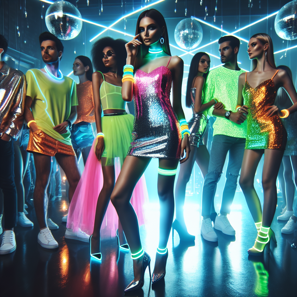 What to Wear to a Neon Party: Dazzling Choices! Picture an energetic neon-themed party. The room is packed with people, each following their distinctive fashion sense. Imagine a Caucasian female in a sparkly neon pink dress paired with reflective high heels. A Black male stands nearby, donning neon green skinny jeans and a glow-in-the-dark T-shirt. A South Asian woman is seen flaunting a flashy neon yellow skirt matched with glimmering silver top. A Middle-Eastern man is wearing a neon orange suit, grabbing attention. Reflections of disco balls scatter lights across the room creating a lively atmosphere. Remember, all of them are wearing glow bracelets and necklaces.