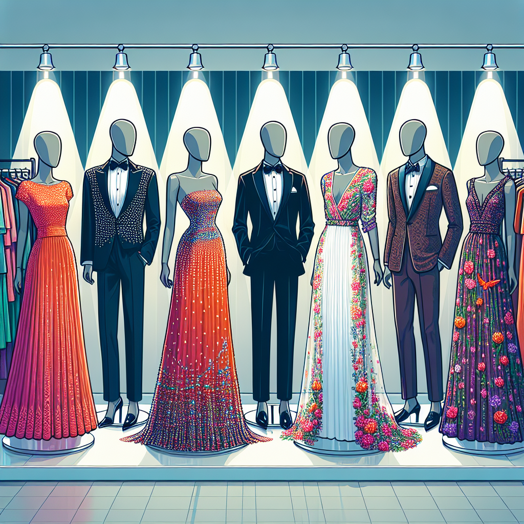 Visualize a fashion boutique showcasing a collection of celebratory outfits. On one mannequin, display a vibrant, beaded evening dress, perfect for an elegant black-tie event - perhaps a Middle Eastern woman's attire. On another, present a smart, tailored tuxedo, suitable for a classy soir&eacute;e - a typical outfit a Black man would wear. Lastly, exhibit a vibrant, floral maxi dress, an ideal outfit for an outdoor party, often sported by a White woman. Make sure to capture the excitement and versatility of styles, colors, and types of celebrations.