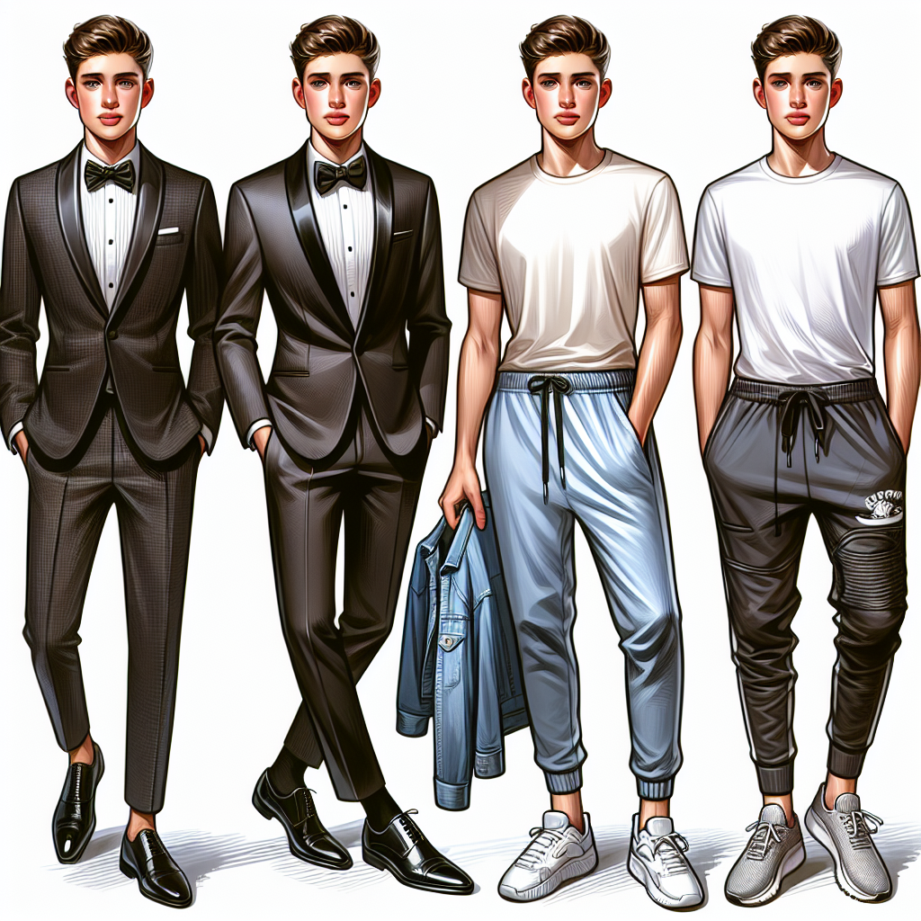 Sweet 16 Style Guide: Effortless, Must-Have Looks for Him A detailed fashion guide to effortless, must-have outfits for a young Caucasian male celebrating their sweet 16. First, showcase a sleek, modern tuxedo with a black bow tie and polished shoes. Then, display a trendy, laid-back outfit with designer jeans, a stylish cotton t-shirt, and the latest sneakers. Finally, present a sport-chic look with athletic wear that's trendy, not overly casual, like joggers, a crisp white polo, and sporty shoes. Weave the concept of youth, style, and fashion into the visuals. Please ensure all clothing items are clear, vivid and appealing.
