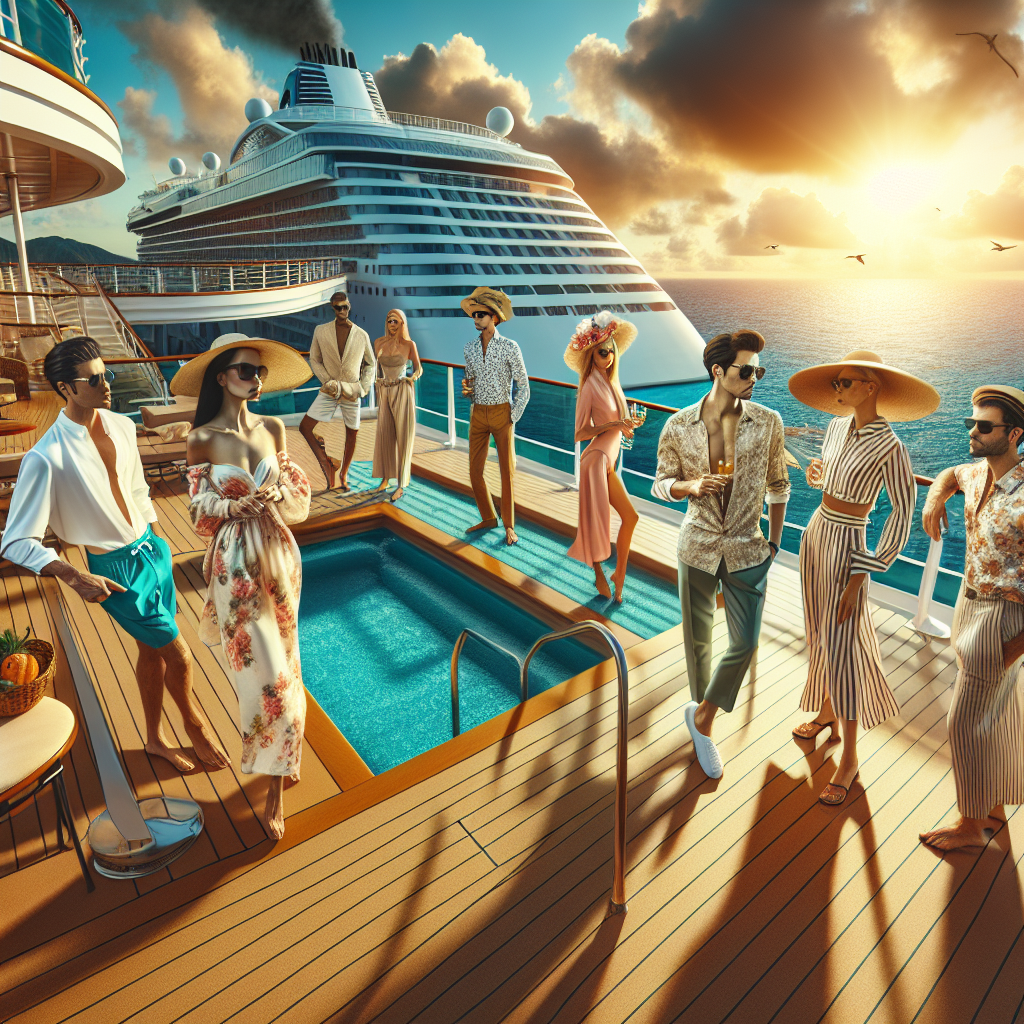 Must-Have Styles for Your Caribbean Cruise Adventure Visualize an exotic, tropical scene for a Caribbean Cruise Adventure. The scene unfolds on a luxurious cruise ship multi-level deck with a clear, turquoise sea in the background under a warm, golden sunset sky. A few elegantly dressed passengers of diverse descents, such as Caucasian, Middle-Eastern and Asian descent, both males and females, are socializing and enjoying their time. These well-dressed individuals are flaunting summer styles fitting for the Caribbean, including floral-printed dresses, linen shirts, wide-brimmed hats, sunglasses, and colourful swim shorts.