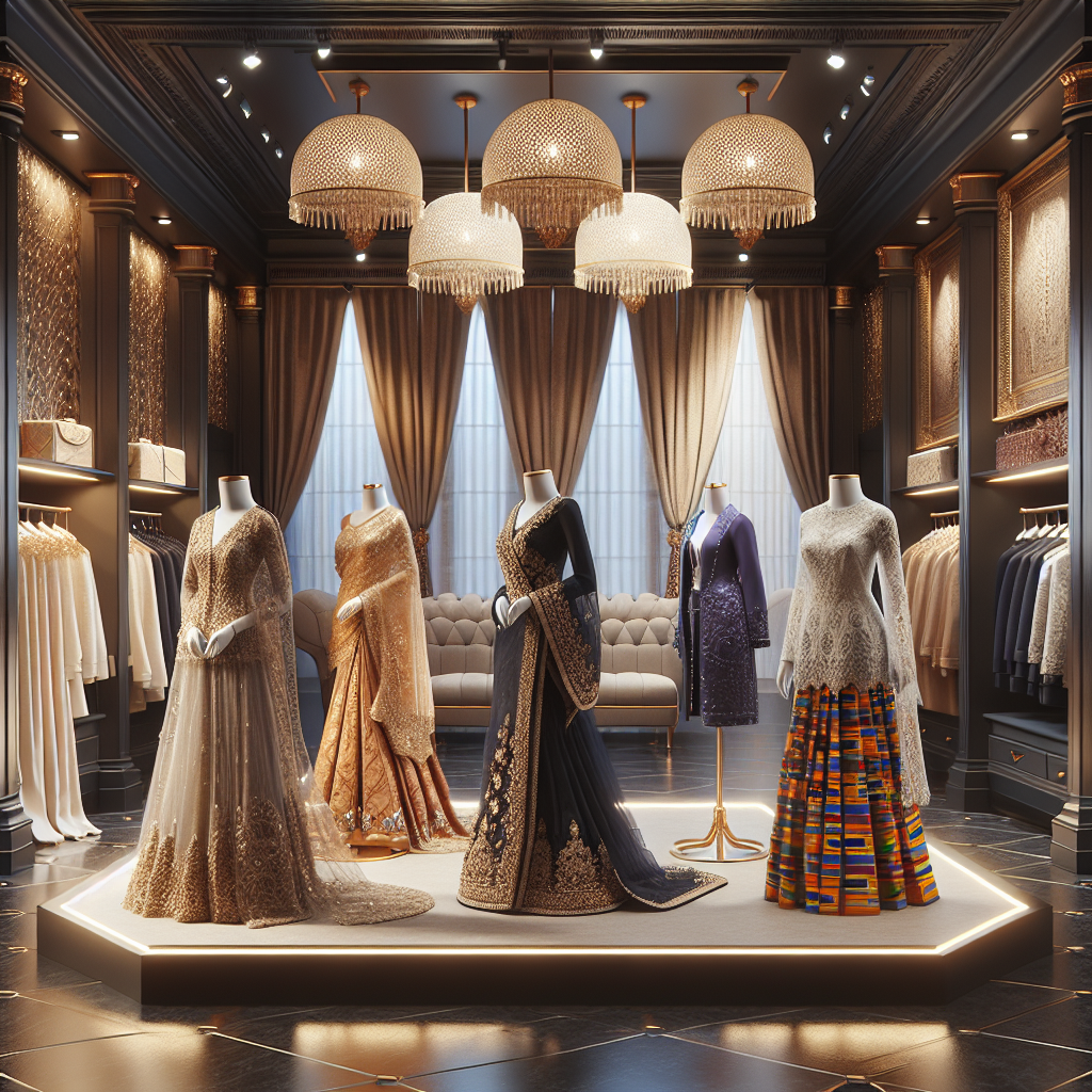 Stunning Outfits for Bridal Showers: Discover Yours! Visualize a luxurious retail environment presenting diverse bridal shower outfits. On one side, display an elegant dress typically worn by a Middle-Eastern bride, featuring intricate gold embroidery. Adjacent, spotlight a South Asian descent bride's saree with vibrant colors and detailed beadwork. On another stand, show a Spanish-style outfit with rich lacework usually preferred by a Hispanic bride. Finally, feature an outfit suitable for a Black bride, reflecting Afrocentric design influences such as kente cloth patterns. Add dimension to the scene with a backdrop of large mirrors, delicate hanging lights, and velvet curtains, all exuding an aura of luxury and opulence.