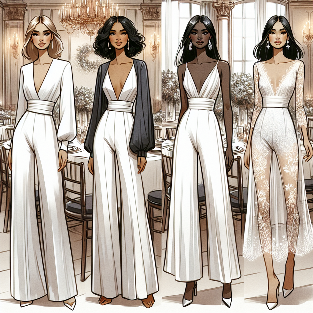 Must-Have Styles for Wedding Jumpsuits: Chic & Effortless A fashion-focused scene illustrating different stylish wedding jumpsuits. The first design should be a minimalist, yet elegant, all-white jumpsuit with a cinched waist, shoulder pads, and long, flowing legs worn by a Hispanic woman. The second jumpsuit, worn by a Black woman, should reflect contemporary style with a deep V-neck, silk material, and wide-legged silhouette. Lastly, imagine a South Asian woman wearing a lace jumpsuit with a delicate, dainty design. Each jumpsuit should look chic, effortless, and perfect for a modern wedding. In the background, hint at a grand banquet hall decorated elegantly for a wedding ceremony.
