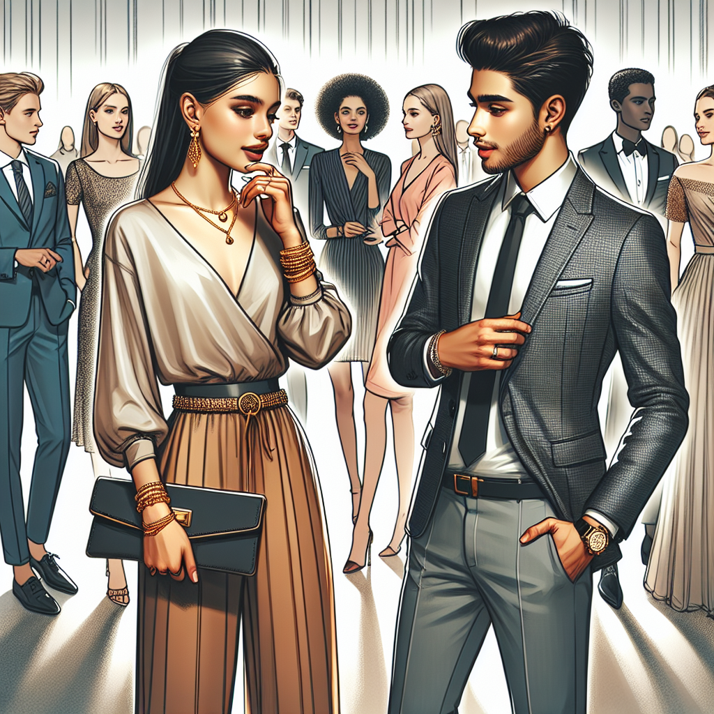 What to Wear to a Graduation Party: Stunning Choices Visualize a variety of stylish and suitable outfit choices for a graduation party. In the foreground, two friends are discussing their outfits. One individual, a young Hispanic woman, is dressed in an elegant jumpsuit with delicate gold jewelry, and she’s holding a classy clutch. Standing next to her is a young South Asian man sporting a sharp semi-formal suit paired with a sleek tie. In the background, a diverse group of people can be seen, all dressed in different yet equally fashionable outfits, signifying the endless possibilities of dressing up for such an event.
