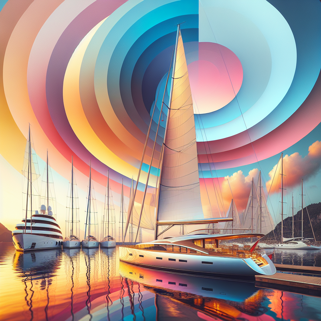 Stunning Sailboat Styles: Effortless Elegance Unveiled A visually enchanting image featuring multiple sailboat styles docked at a serene harbor. In the foreground, there's a vibrant white sailboat adorned with sleek lines, signifying the vision of effortless elegance. The backdrop displays a kaleidoscope of breathtaking pastel skies during sunset. The water reflects the warm hues of the sky, and the distant mountains provide for an idyllic scenery. The image should convey tranquillity and the inherent elegance of sailboat designs.