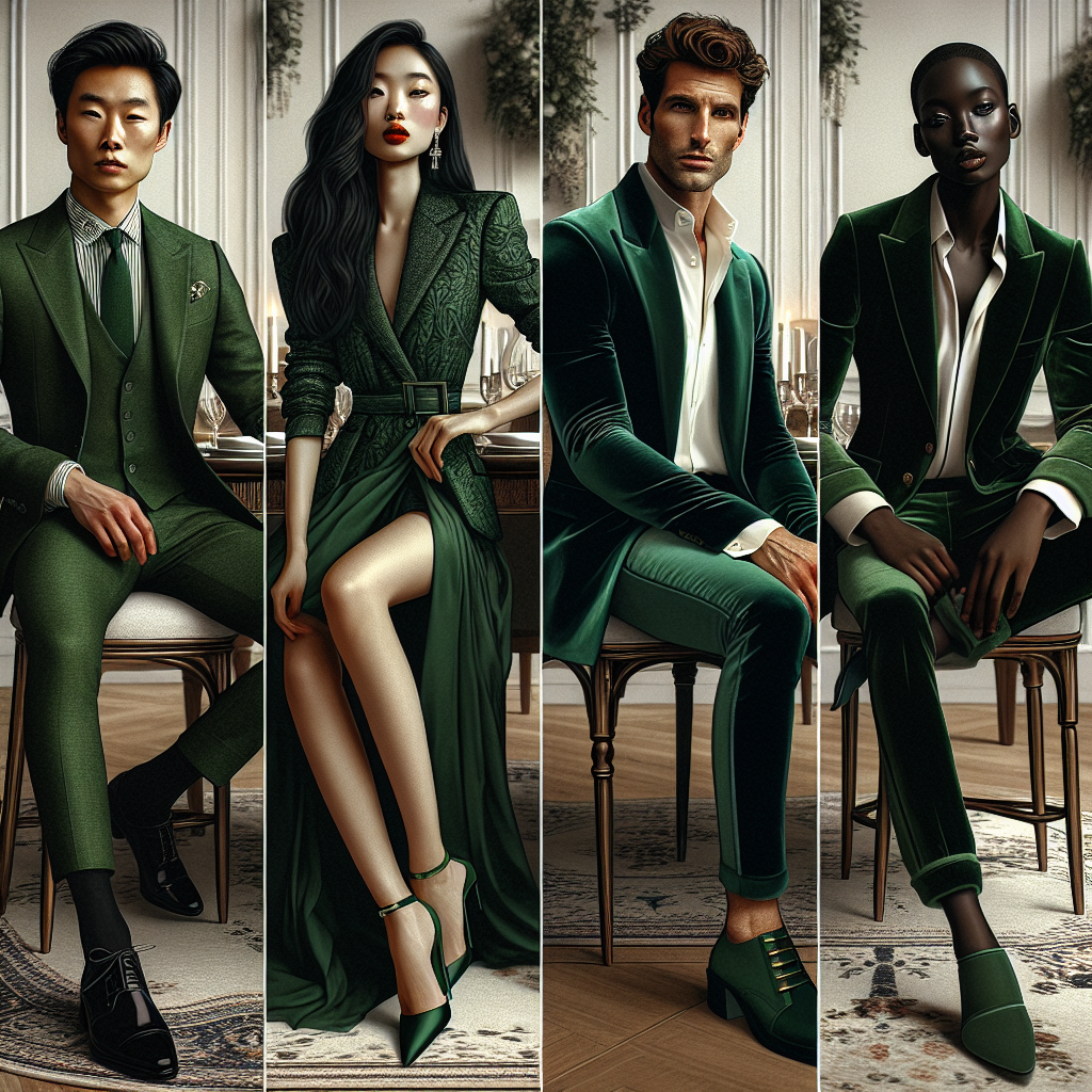 Fine Dining Fashion: Must-Have Looks for Green Blazers A fashion forward scenario showcasing four individuals in a finely decorated dining setting. Heat up the scene with an Asian man in a tailored green blazer paired with classy trousers and a smart tie. Adjacent, a Middle Eastern woman rocking an elegant emerald green blazer dress with high heeled shoes. At the head of the table sits a Caucasian male in a bold green velvet blazer over a crisp shirt and dark denim. Lastly, a Black woman adds a unique twist by pairing her green blazer with a stylish jumpsuit. Each look exuding sophistication and chic, demonstrating the versatility of the green blazer.