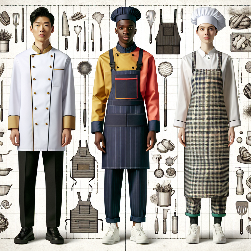 Stunning & Safe: Best Outfits for Food Workers Visualize a detailed collage of safe and stylish outfits ideal for food industry employees. To the left, an Asian male chef adorns a sharp white uniform with a gold button-up jacket and black pants. The central figure is a Black female worker dressed in a vibrant, color-blocked uniform with a utility apron filled with tools. On the right, a Hispanic man in a cosy baker's outfit, complete with a chequered apron and a dusting of flour. Include a background comprised of various kitchen utensils and ingredients, tying the entire image together with a subtle, culinary theme.