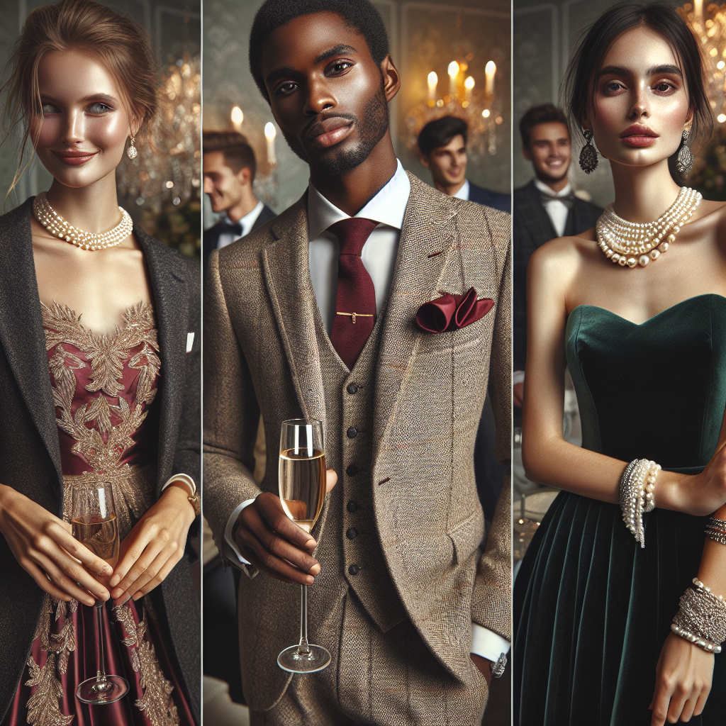 Country Club Chic: Must-Have Outfits for Elegant Evenings Imagine you're at a sophisticated country club during an elegant evening event. Detail the must-have outfits visible around the room. A Caucasian woman in a silk cream-colored tailor-fit dress, holding a champagne flute. A Black man in a tweed three-piece evening suit complete with a silk scarlet pocket square. A South Asian woman in a burgundy gown with intricate lacework and sequins, her arms adorned with sterling silver bracelets. A Middle-Eastern man in a charcoal grey tuxedo, beaming with confidence. Finally, a Hispanic woman, draped in a green velvet cocktail dress paired with pearl accessories.