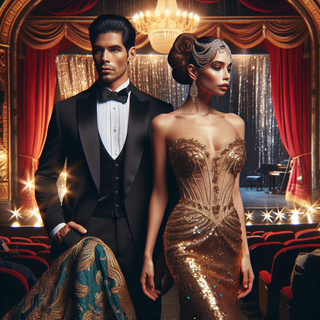 What to Wear: Stunning Outfits for Theater Nights Imagine a glamorous evening at the theatre. The clothes are elegant and sophisticated, perfect for a night on the town. A man in a sleek black tuxedo, his Hispanic features accentuated by the suit's sharp cut, stands alongside a Middle-Eastern woman in a resplendent gold sequined gown, her hair styled in an intricate updo. The backdrop consists of a classic red theatre curtain and a shimmering chandelier. Insert vibrant colors and intricate textures to emphasize the richness of the scene. Add subtle sparkles to the gown and lights for an added touch of glamor.