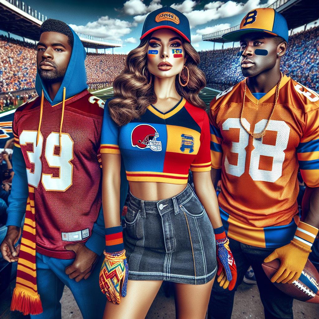 Stunning Outfits for College Football Games: Score Big! In the center, feature a Hispanic woman, wearing trendy college football-themed attire with bright, bold colors. The outfit should include a jersey, a baseball hat, and possibly face paint in team colors. To her right, a Black man stylishly dressed in football game day ensemble that includes a matching team scarf and gloves. To her left, a Caucasian man sporting an outfit made for football game tailgates, a jersey paired with a bold team-flag cape. The background can be a bustling college football stadium filled with fans, fostering an energetic atmosphere. The image should encapsulate the excitement and communal spirit of college football games.