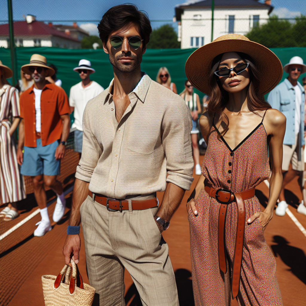 What to Wear to a Tennis Match: Stunning Picks An outdoor sunny tennis court setting with a diverse crowd of spectators wearing fashionable outfits. A South Asian woman in a stylish summer dress with a wide-brimmed hat. A Caucasian man in a classy casual ensemble of a polo shirt and khaki shorts. A Black woman sporting a vibrant jumpsuit, trendy sunglasses and a chic straw handbag. A Middle Eastern man donning a comfortable linen shirt and jeans, accessorizing with a slick pair of sunglasses.