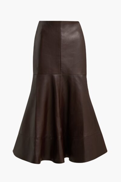 Brandon Maxwell Brown Skirts with sculptural silhouette photographed against minimal backdrop