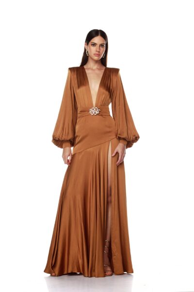 Bronx and Banco Brown Carmen Copper Maxi Dress  a harmonious blend of structured elegance and timeless sophistication