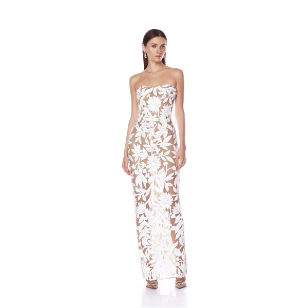 Bronx and Banco White Dahlia White Maxi Dress  a harmonious blend of structured elegance and timeless sophistication.