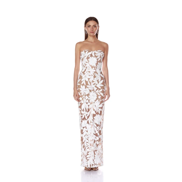Bronx and Banco White Dahlia White Maxi Dress  a harmonious blend of structured elegance and timeless sophistication