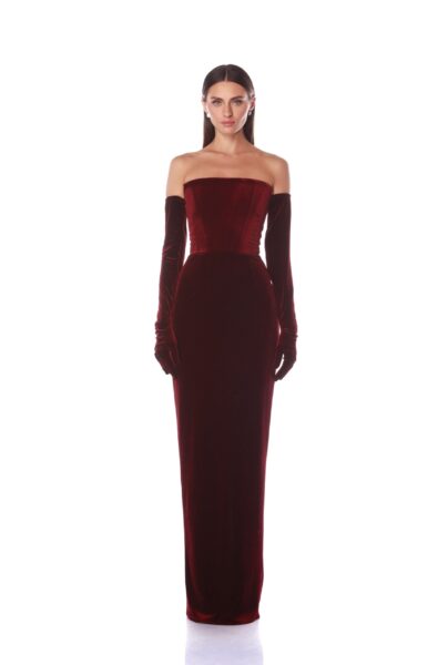 Bronx and Banco Red Florentina Burgundy Strapless Velvet Gown  a harmonious blend of structured elegance and timeless sophistication