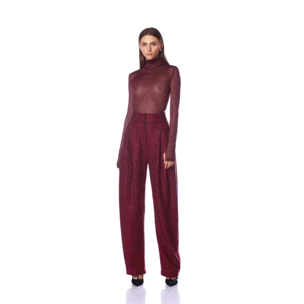 Bronx and Banco Red Gaia Mesh Burgundy Long Sleeve Bodysuit  a harmonious blend of structured elegance and timeless sophistication.